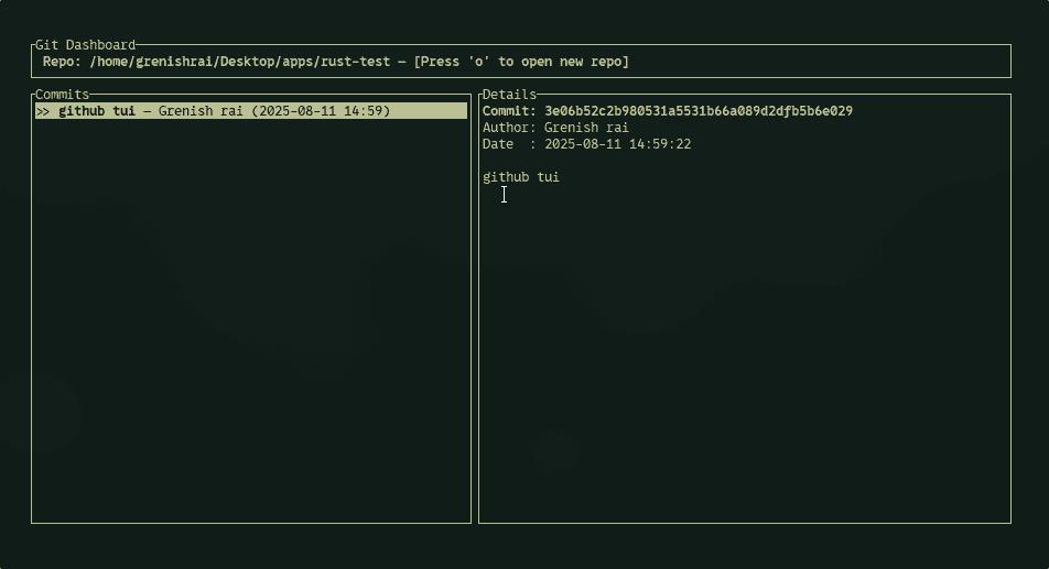 A terminal based local Git TUI that helps track changes, manage commits, and navigate repository history entirely offline without relying on remote hosting platforms.